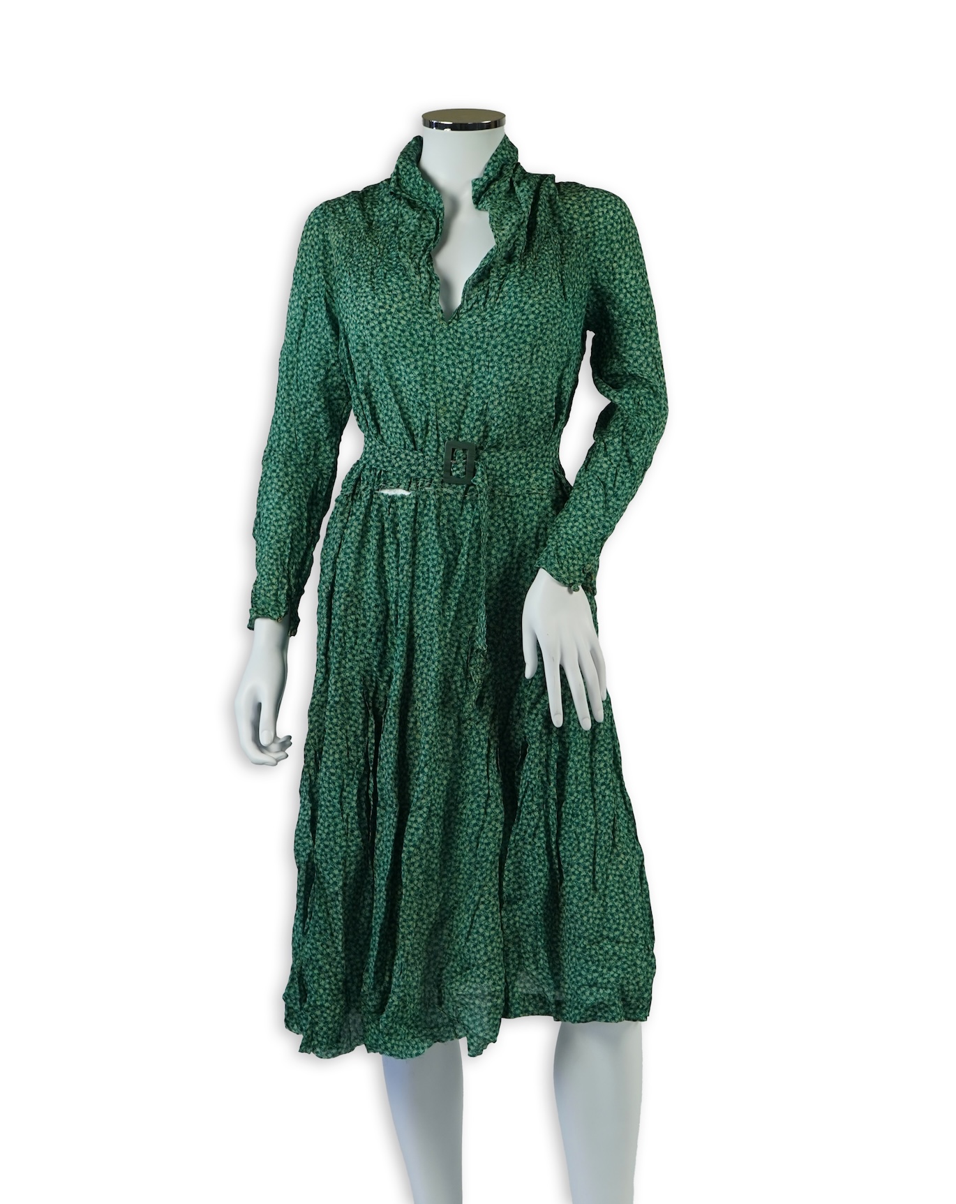 Two 1930's printed silk crepe summer day dresses together with a similar pale blue and black stripped summer day dress., Condition - the maroon and cream dress has damage to one sleeve, the green dress has worn under the